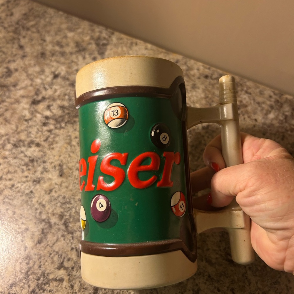 Budweiser Mug with Green and Red Billiard Design